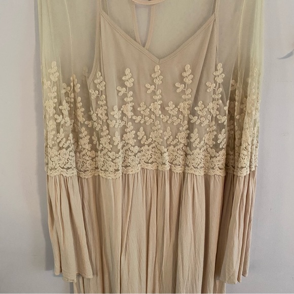 Soprano Tan Mesh Top Mini Dress with Long Bell Sleeves - Picture 3 of 12